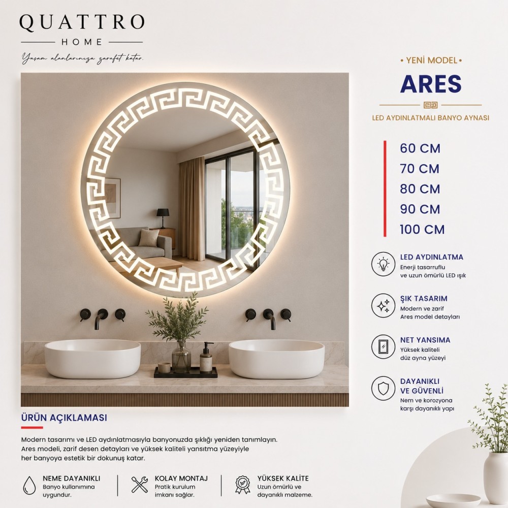 Ares LED Aydınlatmalı Banyo Aynası | Yuvarlak Desenli Modern Ayna