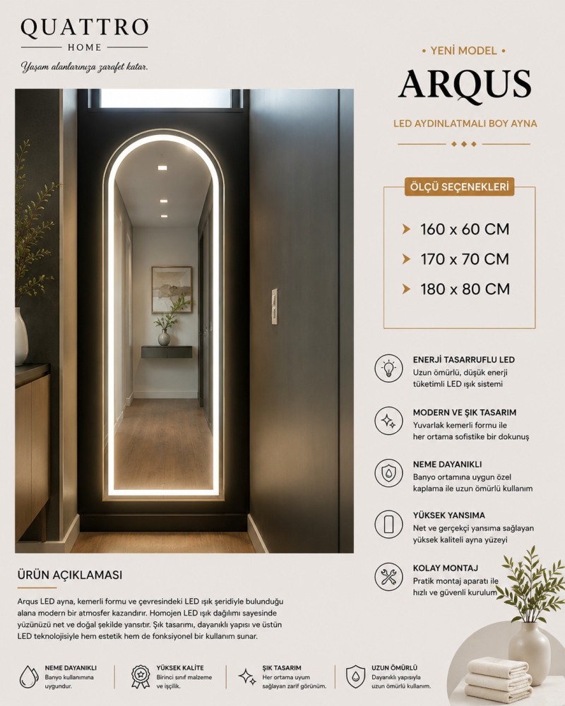 Quattro Home Recta LED Aydınlatmalı Boy Ayna Modern Dikdörtgen Tasarım