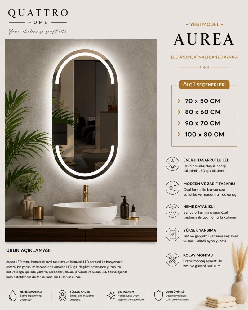 Aurea LED Aydınlatmalı Banyo Aynası  Quattro Home