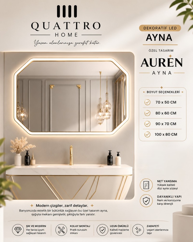 Quattro Home Auren Dekoratif LED Ayna | Gold Detaylı Modern Banyo Aynası