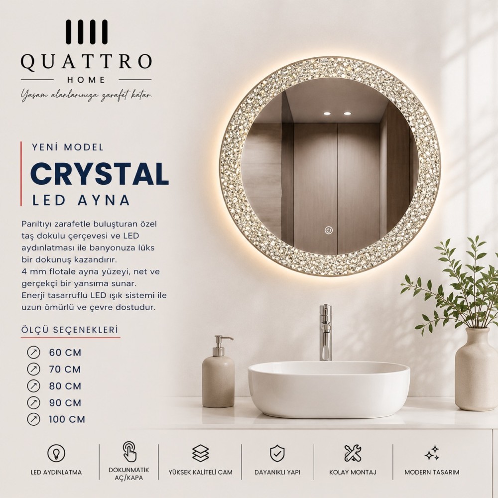 Quattro Home Crystal Yuvarlak LED Ayna Kristal Çerçeveli Dokunmatik Banyo Aynası