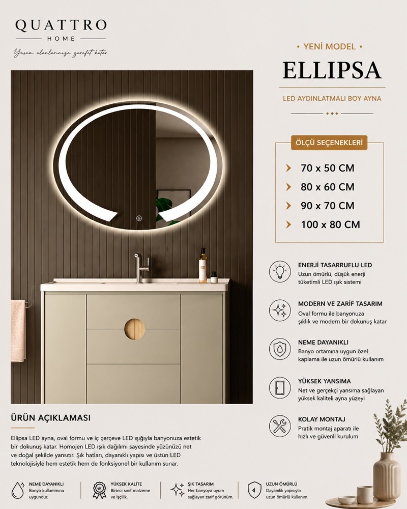 Quattro Home Ellipsa LED Aydınlatmalı Boy Ayna Oval Modern Tasarım