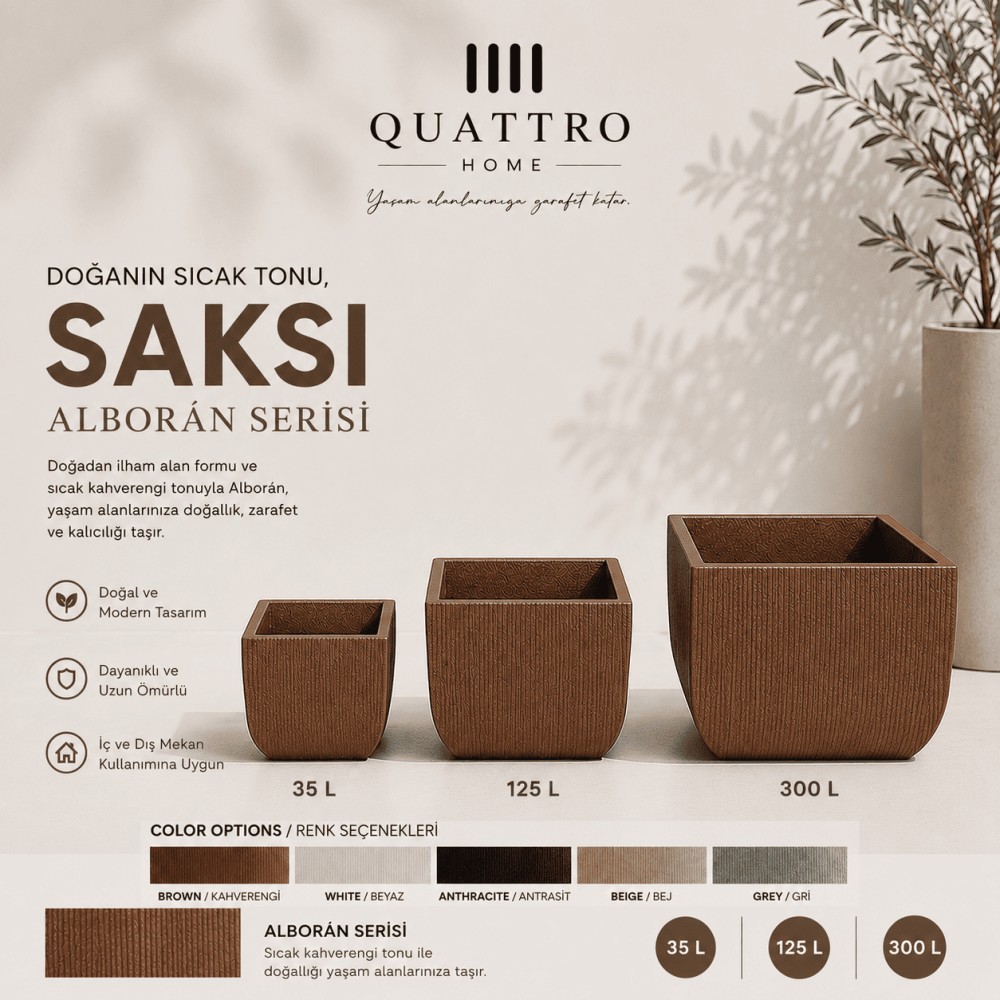 Quattro Home Alborán Serisi Kare Saksı İç ve Dış Mekan Saksı