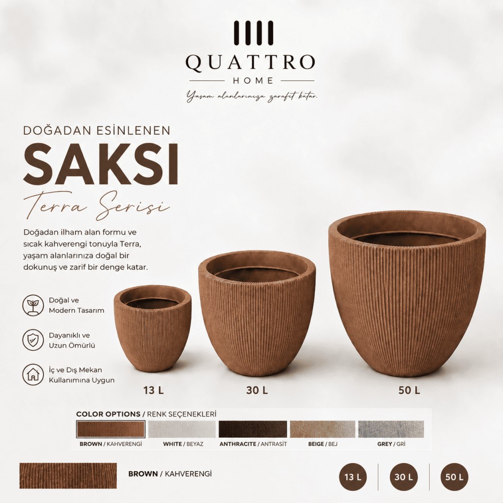 Quattro Home Terra Serisi Saksı Doğal Modern İç ve Dış Mekan Saksı