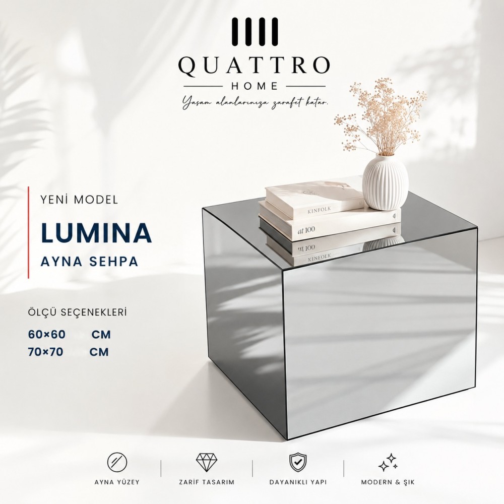 Quattro Home Lumina Ayna Sehpa Füme Aynalı Modern Küp Sehpa