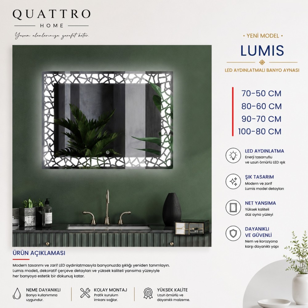 Quattro Home Lumis LED Aydınlatmalı Banyo Aynası | Dekoratif Çerçeveli Dikdörtgen LED Ayna