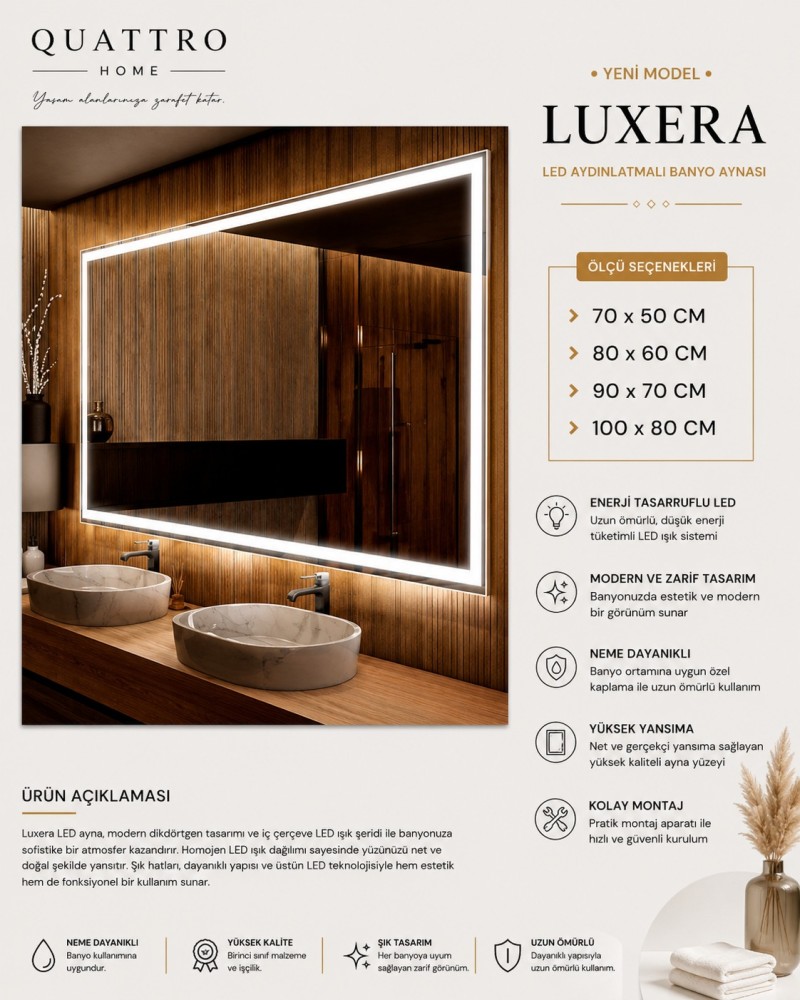 Quattro Home Luxera LED Aydınlatmalı Banyo Aynası