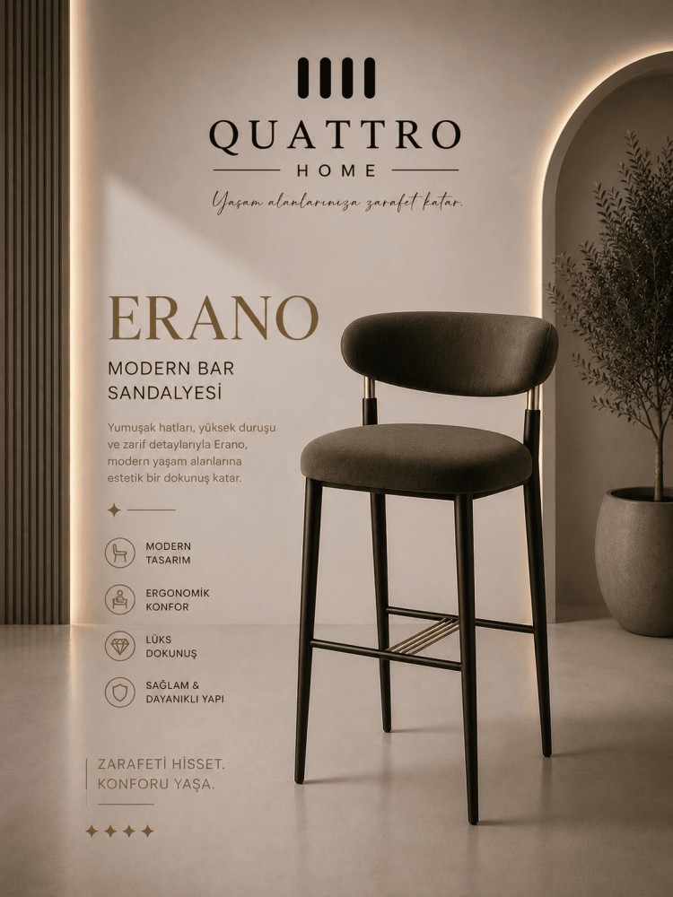 Quattro Home Erano Modern Bar Sandalyesi Ergonomik Konforlu Metal Ayaklı Bar Sandalyesi