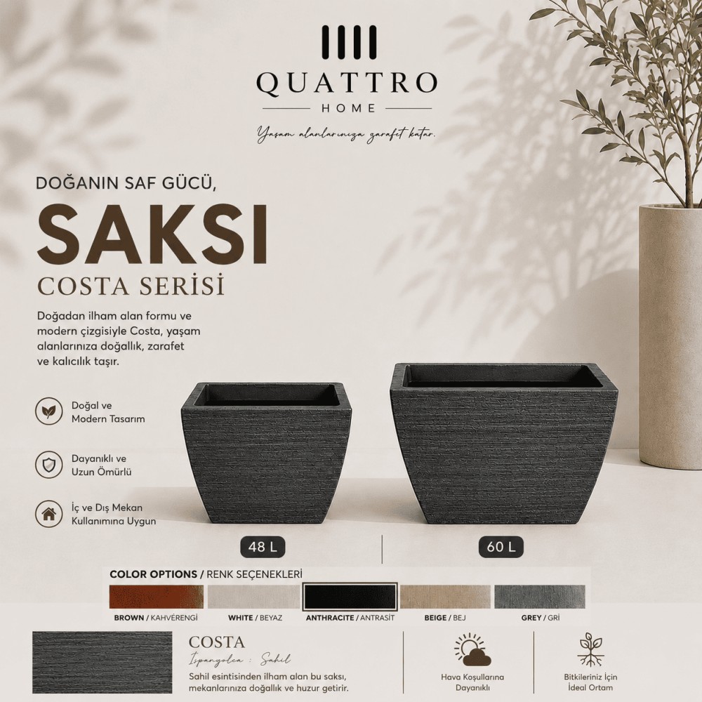 Quattro Home Costa Serisi Saksı Dikdörtgen İç ve Dış Mekan Saksı