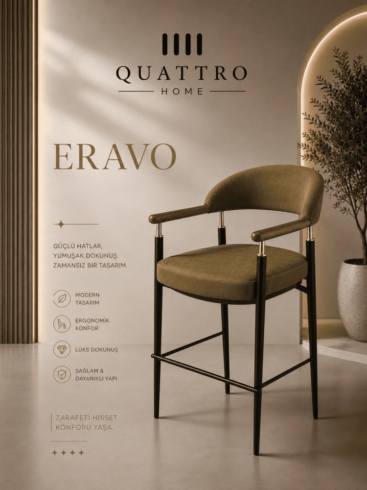 Quattro Home Eravo Modern Bar Sandalyesi Ahşap Kollu Metal Ayaklı Ergonomik Sandalye