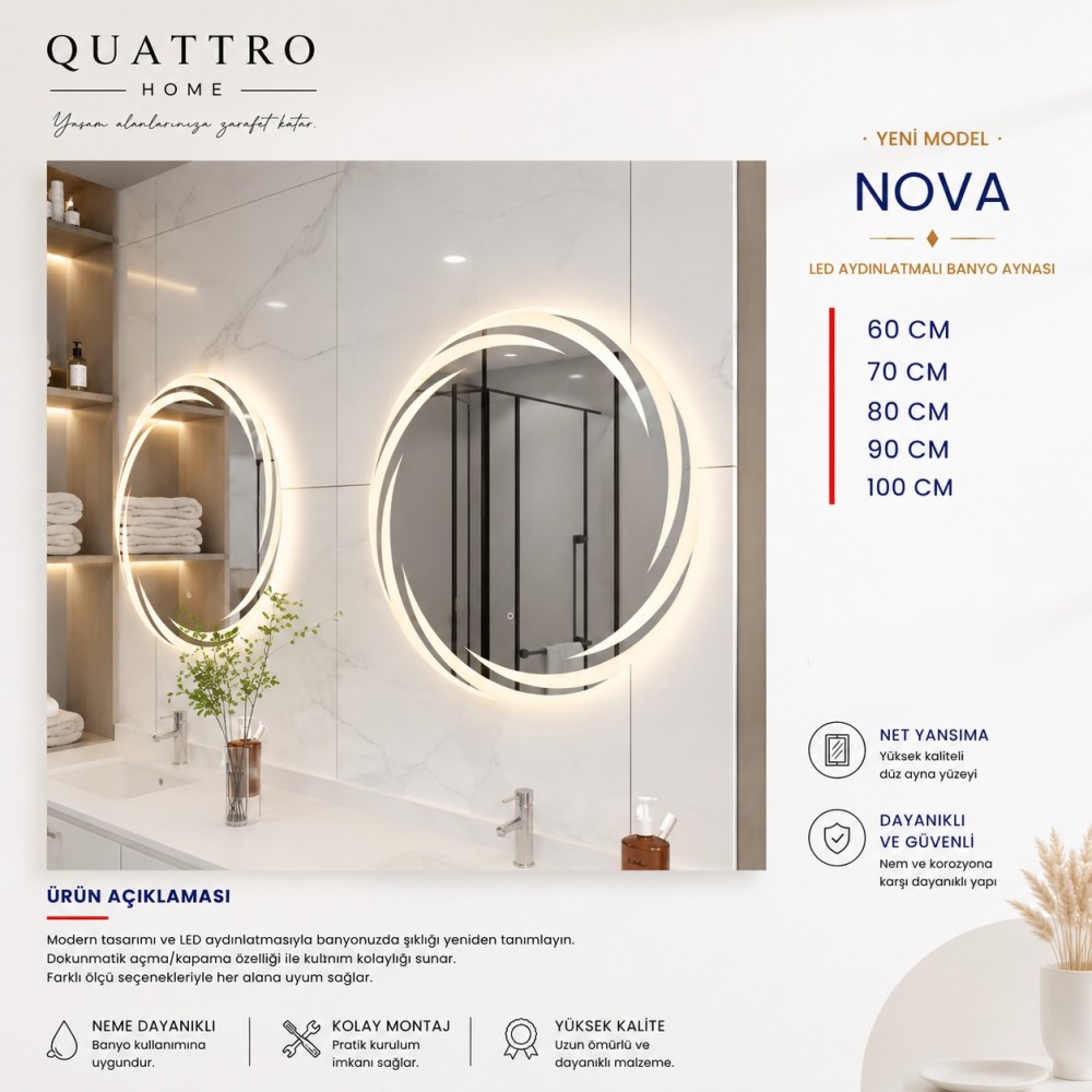 Quattro Home Nova LED Aydınlatmalı Banyo Aynası | Dokunmatik Yuvarlak LED Ayna