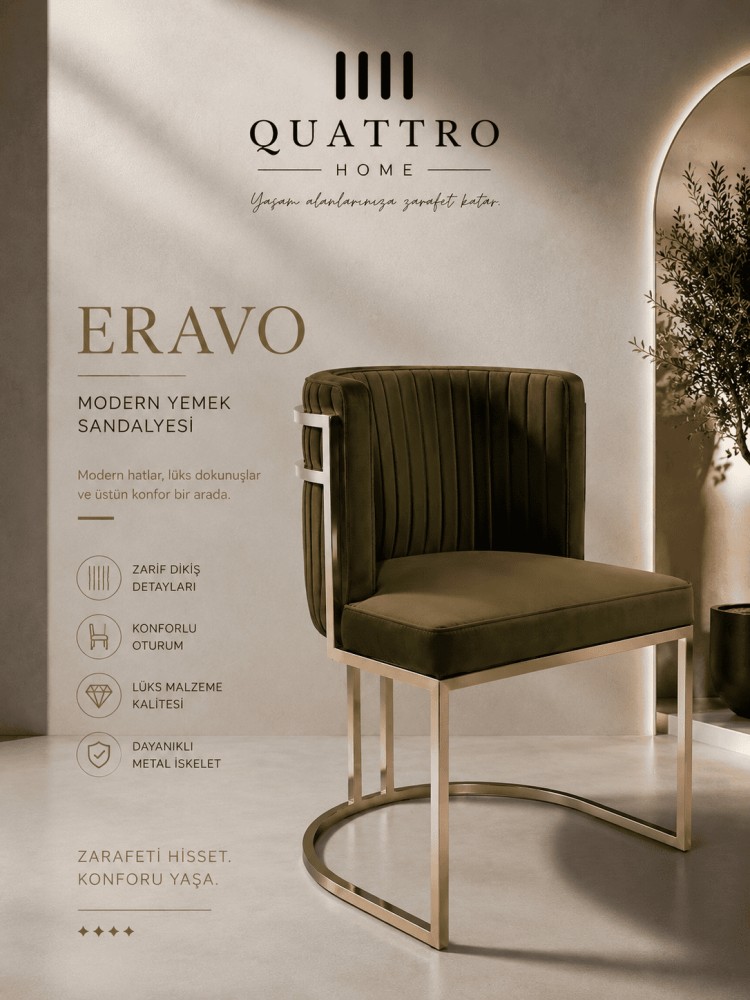 Quattro Home Eravo Modern Yemek Sandalyesi Gold Metal İskeletli Lüks Sandalye