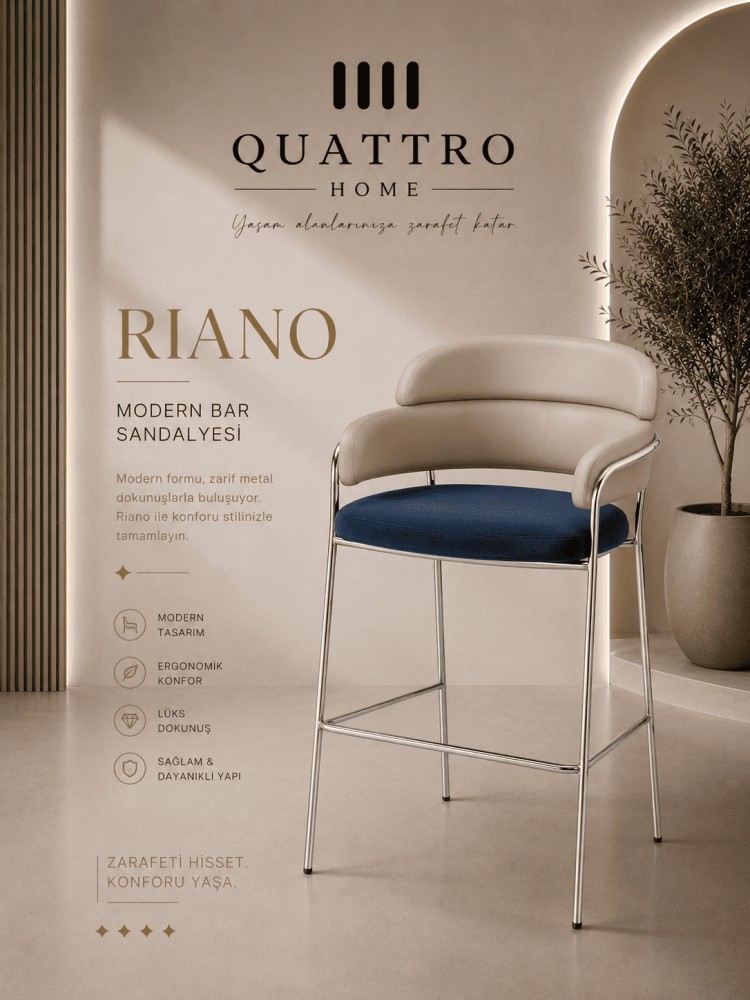 Quattro Home Riano Modern Bar Sandalyesi Metal İskeletli Ergonomik Lüks Bar Sandalyesi