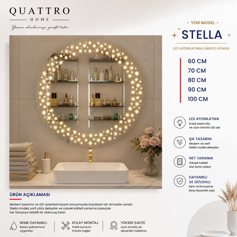 Quattro Home Stella LED Aydınlatmalı Banyo Aynası | Yıldız Detaylı Yuvarlak LED Ayna
