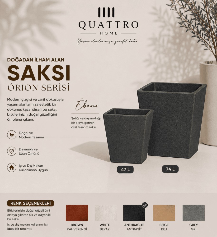 Quattro Home Orion Serisi Kare Saksı Modern İç ve Dış Mekan Saksı