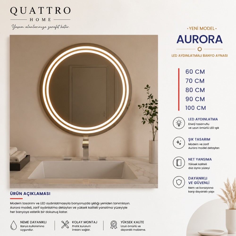 Quattro Home Aurora LED Aydınlatmalı Banyo Aynası | Çift Işıklı Yuvarlak LED Ayna