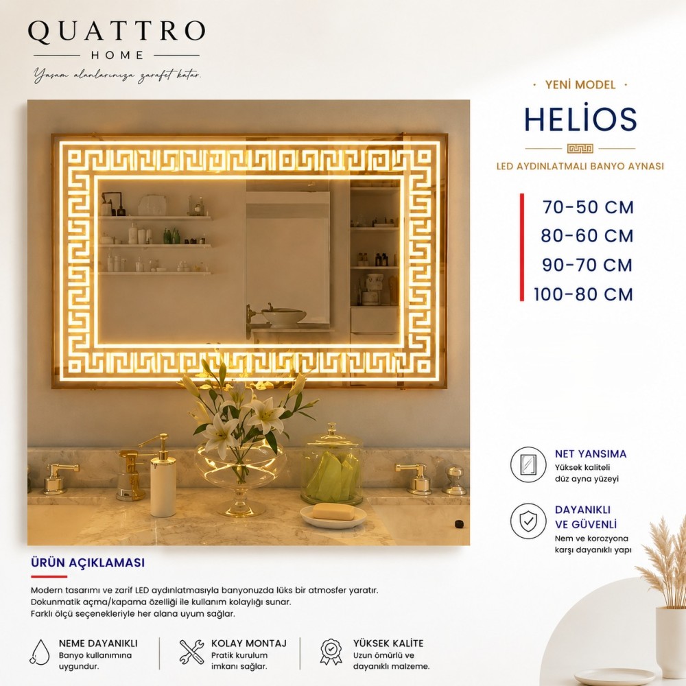 Quattro Home Helios LED Aydınlatmalı Banyo Aynası | Modern Desenli Işıklı Ayna
