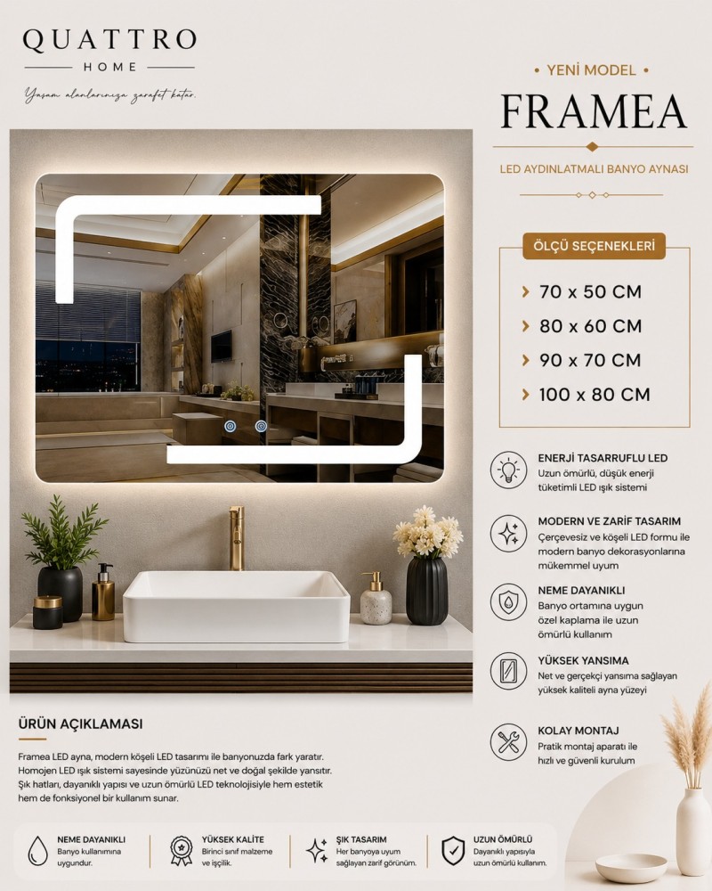 Quattro Home Framea LED Aydınlatmalı Banyo Aynası