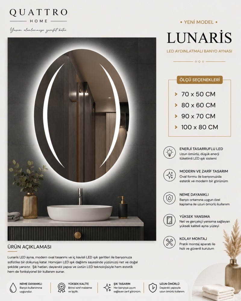 Lunaris LED Aydınlatmalı Banyo Aynası  Quattro Home
