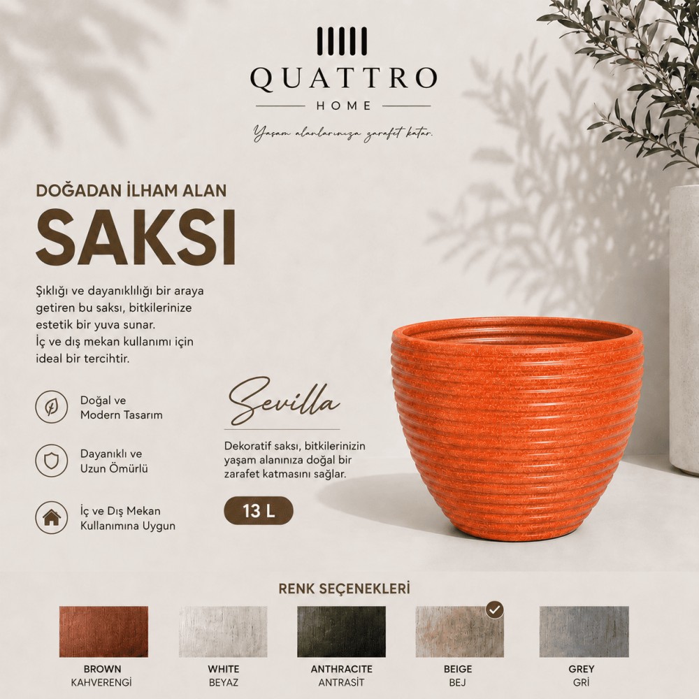 Quattro Home Sevilla Serisi Saksı Modern İç ve Dış Mekan Dekoratif Saksı