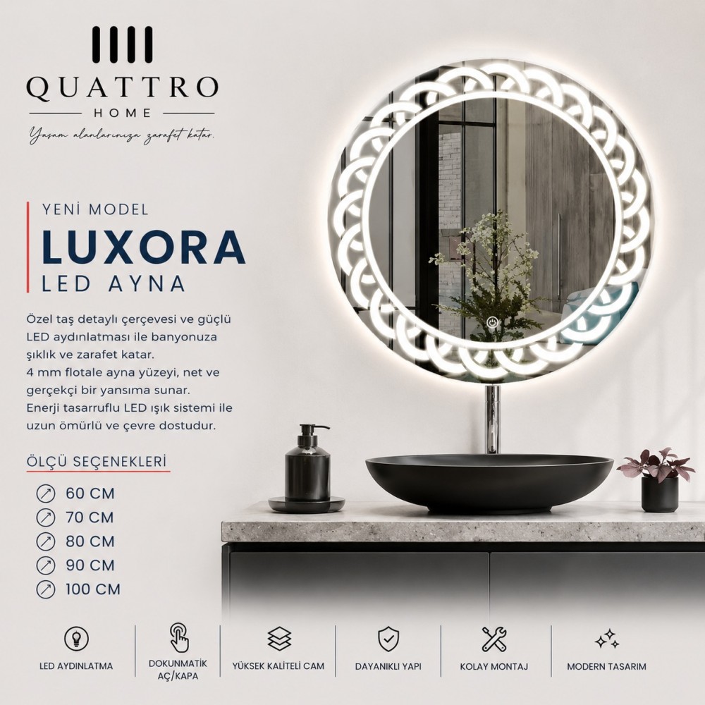 Quattro Home Luxora LED Ayna | Taş Detaylı Yuvarlak Işıklı Banyo Aynası