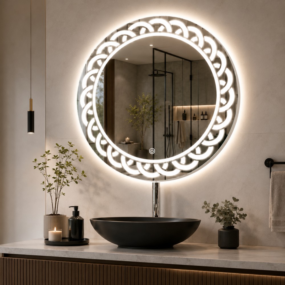 Quattro Home Luxora LED Ayna | Taş Detaylı Yuvarlak Işıklı Banyo Aynası görsel 2