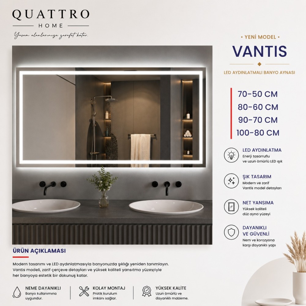 Vantis LED Aydınlatmalı Banyo Aynası | Dikdörtgen Modern Banyo Aynası