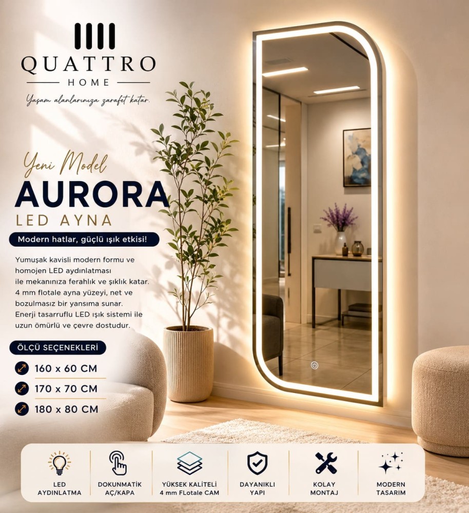 Quattro Home AURORA LED Aydınlatmalı Banyo Aynası Dikdörtgen Modern Tasarım