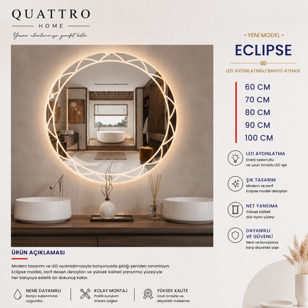 Eclipse Yuvarlak LED Banyo Aynası | Desenli Dekoratif Aydınlatmalı Ayna