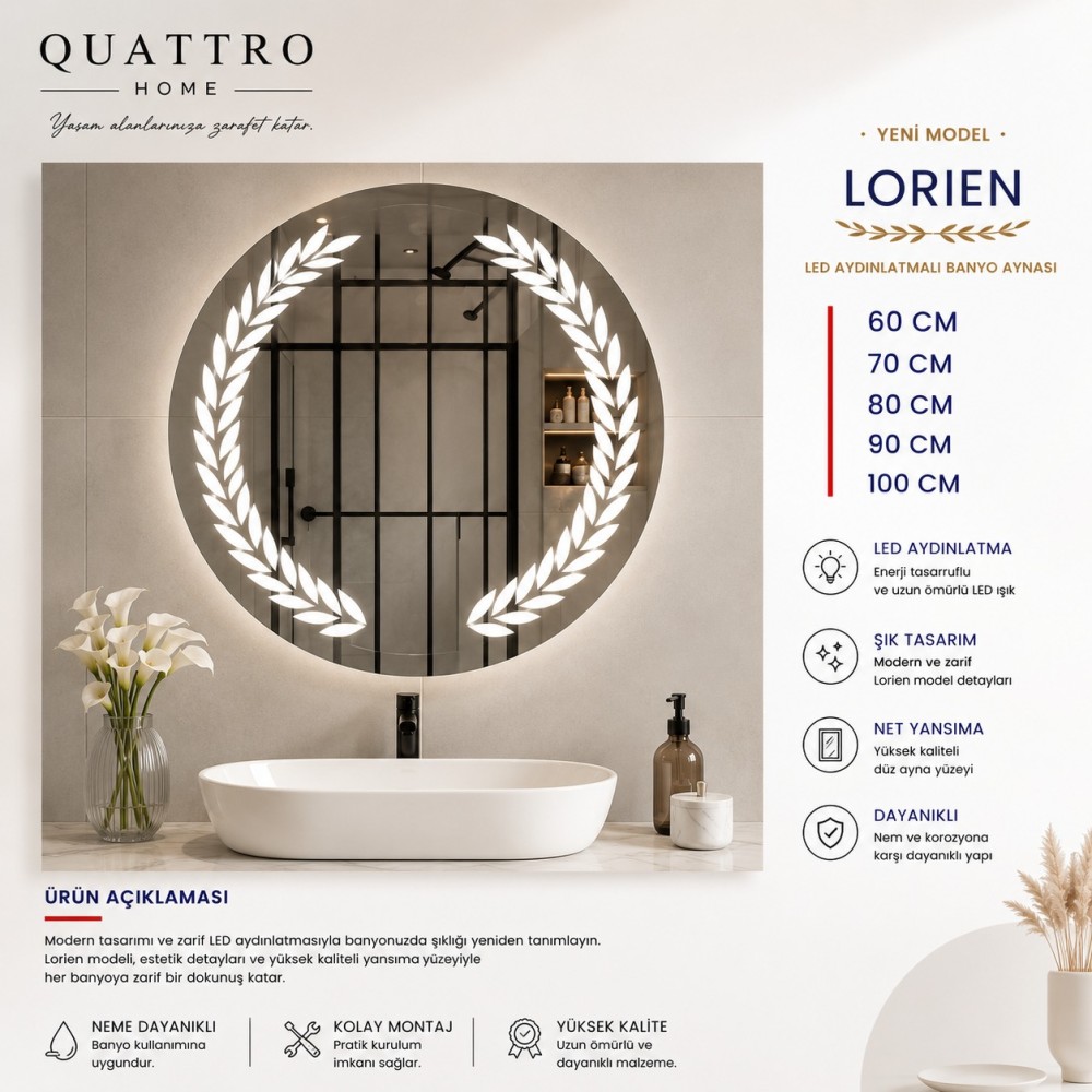 Quattro Home Lorien LED Aydınlatmalı Banyo Aynası | Yaprak Desenli Yuvarlak LED Ayna