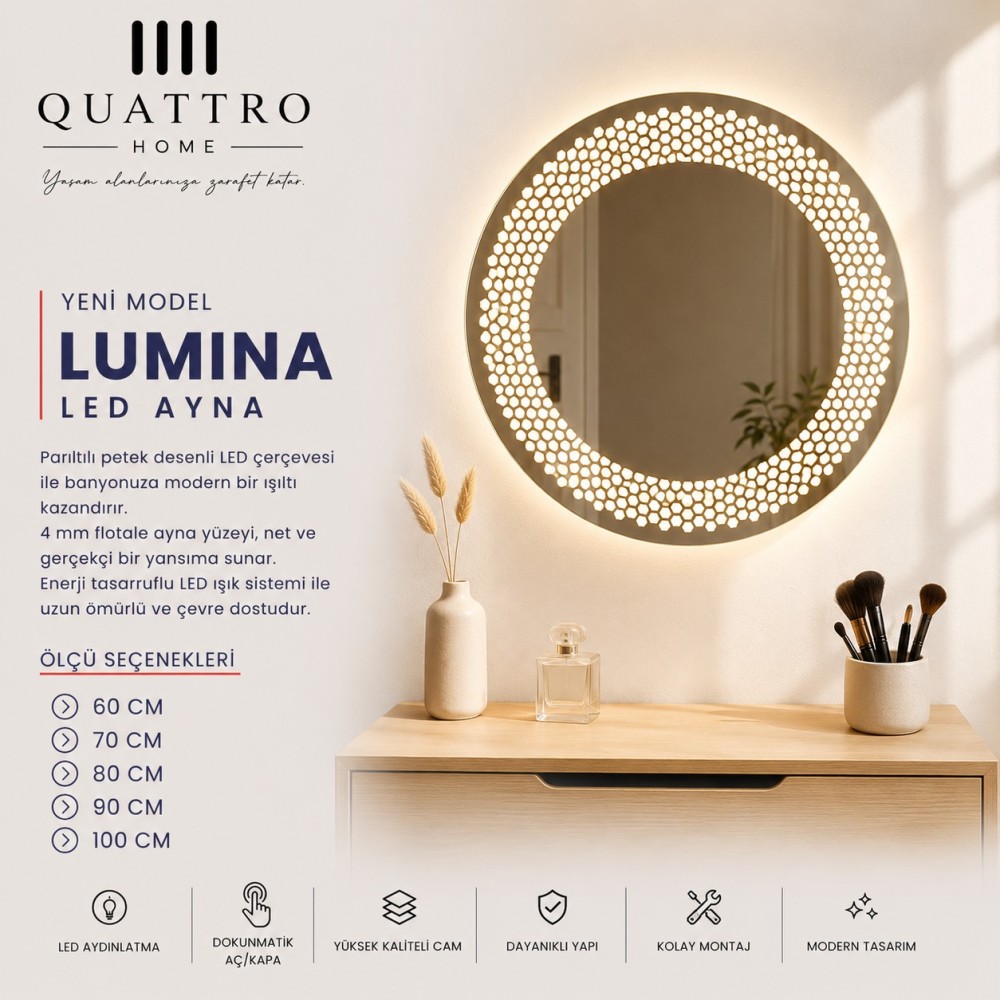Quattro Home Lumina LED Ayna | Petek Desenli Yuvarlak Işıklı Ayna