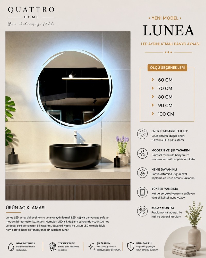 Quattro Home Lunea LED Aydınlatmalı Banyo Aynası Yuvarlak Modern Tasarım