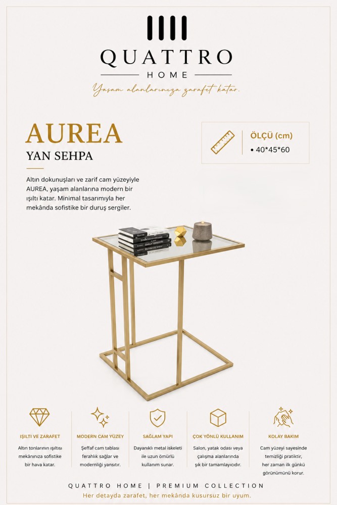 Quattro Home Aurea Gold Metal Ayaklı Cam Yüzey Yan Sehpa 40x45x60 cm