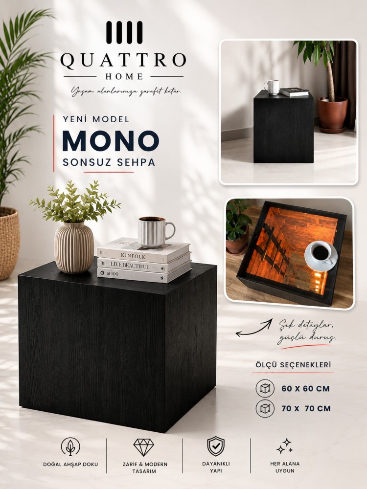 Quattro Home Mono Siyah Sonsuz Sehpa 60x60 70x70 Modern Ahşap Dokulu Sehpa