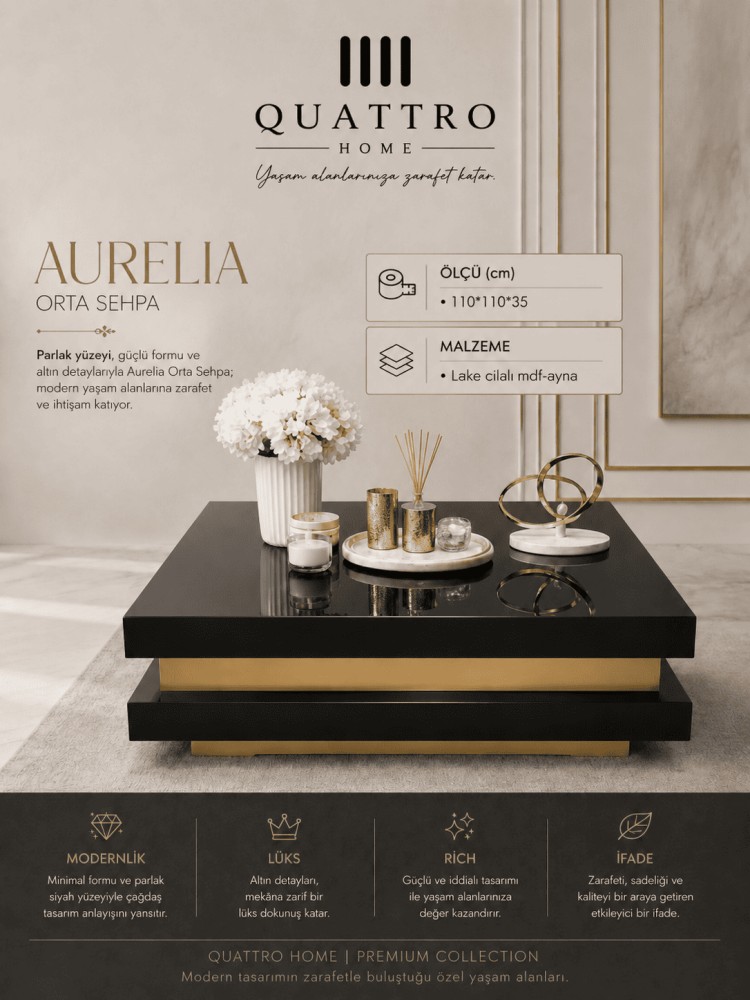 Quattro Home Aurelia Kare Orta Sehpa Siyah Gold Lake Cilalı MDF Aynalı Yüzey 110x110x35 cm