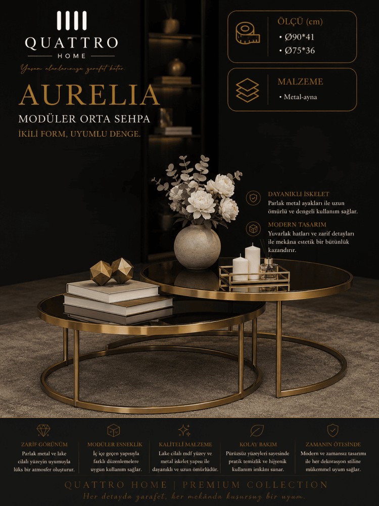 Quattro Home Aurelia İkili Modüler Yuvarlak Orta Sehpa Siyah Gold Metal Aynalı Yüzey 90x41 75x36 cm