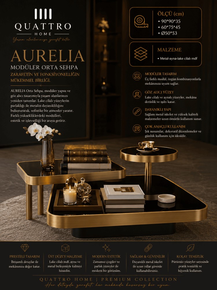 Quattro Home Aurelia Üçlü Modüler Orta Sehpa Siyah Gold Aynalı Lake Yüzey 90x90x35 60x75x45 Ø50x53 cm