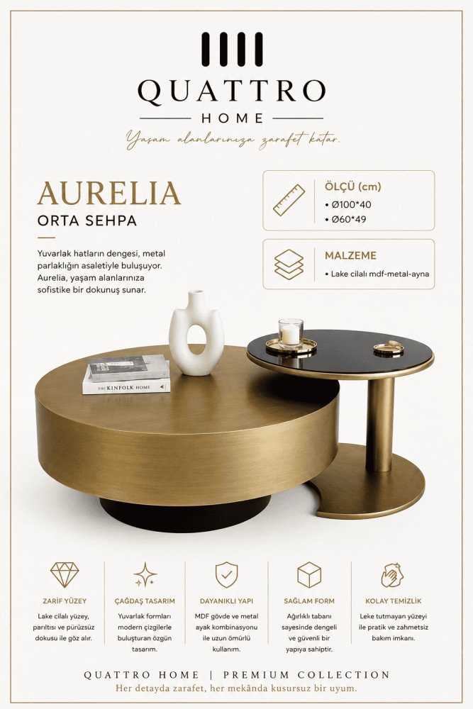 Quattro Home Aurelia Yuvarlak İkili Orta Sehpa Gold Siyah Lake Cilalı MDF Metal Aynalı Yüzey 100x40 60x49 cm