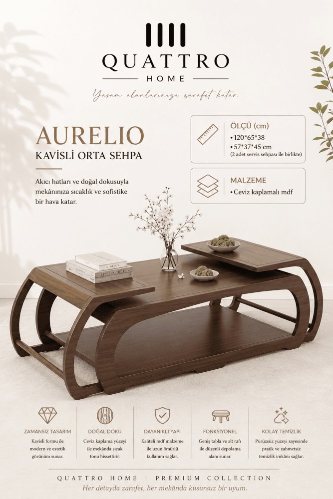 Quattro Home Aurelio Kavisli Ceviz Kaplamalı Orta Sehpa 2 Servis Sehpalı 120x65x38 57x37x45 cm