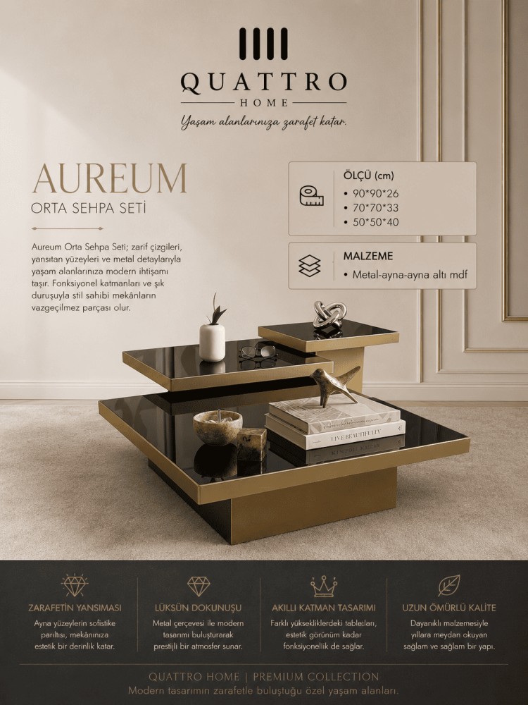 Quattro Home Aureum Kare Orta Sehpa Seti Siyah Gold Aynalı Metal Detaylı 90x90x26 70x70x33 50x50x40 cm