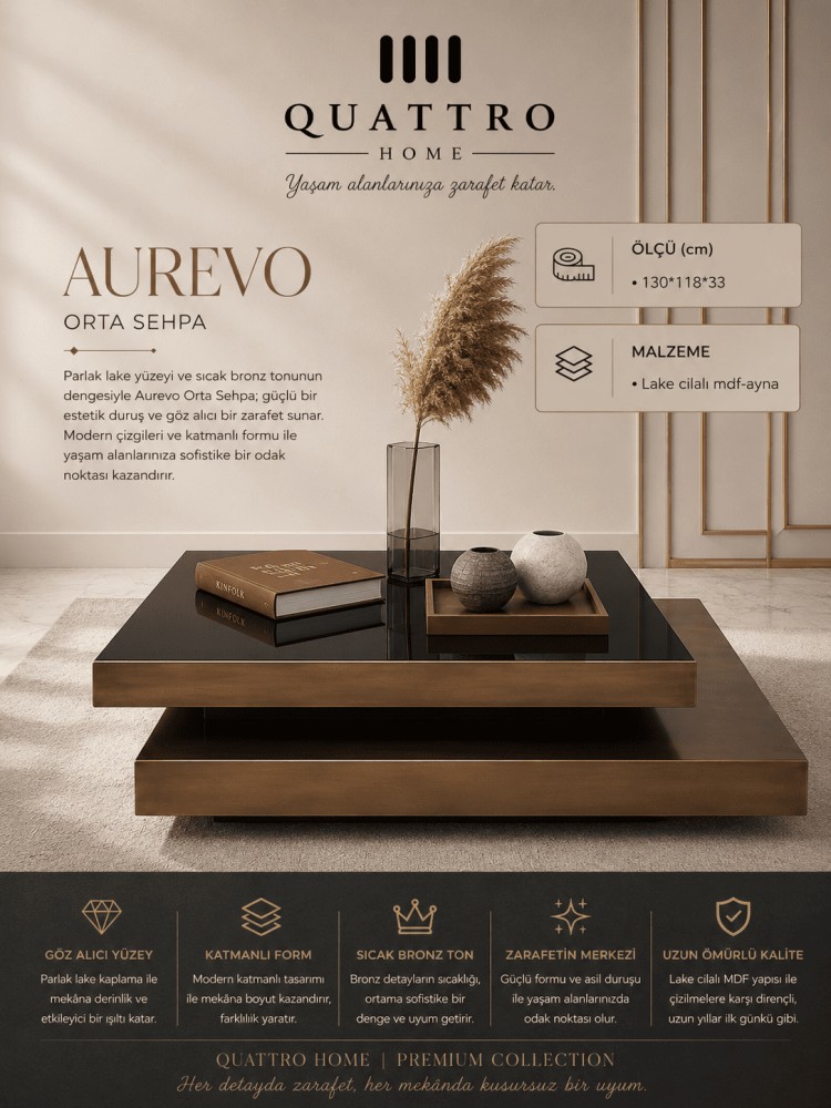 Quattro Home Aurevo Dikdörtgen Orta Sehpa Bronz Lake Cilalı MDF Aynalı 130x118x33 cm