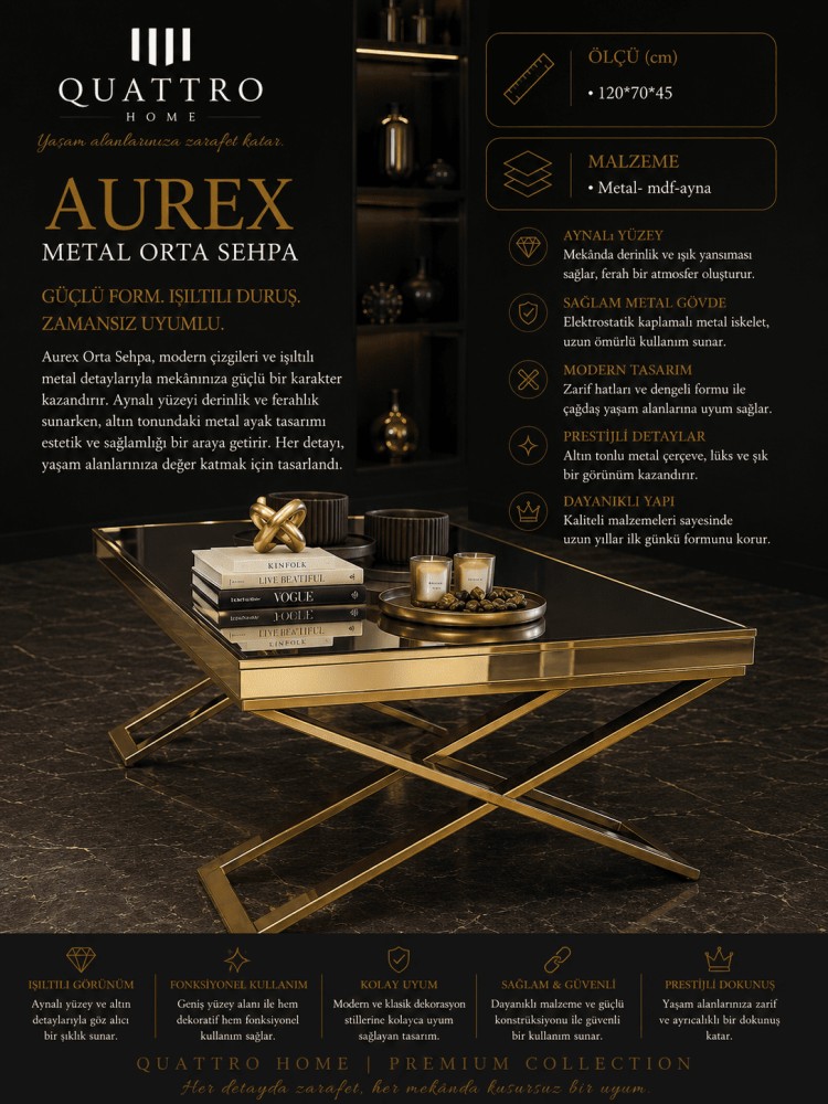Quattro Home Aurex Dikdörtgen Metal Orta Sehpa Gold Aynalı MDF 120x70x45 cm