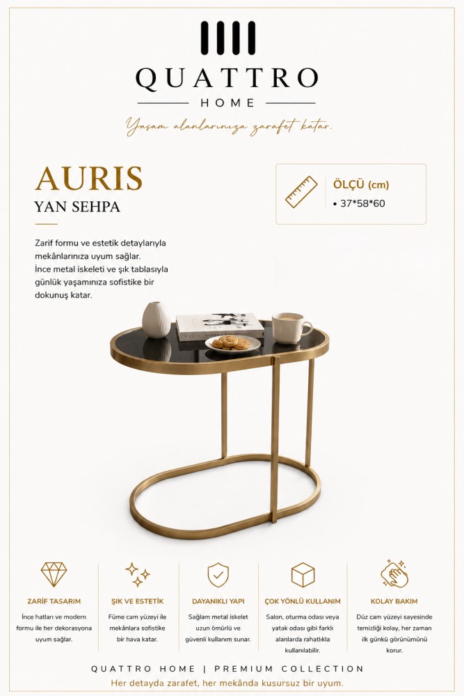 Quattro Home Auris Oval Yan Sehpa Gold Metal Ayaklı Füme Cam 37x58x60 cm