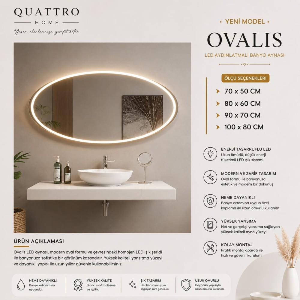 Quattro Home Ovalis LED Aydınlatmalı Oval Banyo Aynası