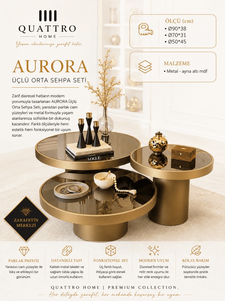 Quattro Home Aurora Yuvarlak Üçlü Orta Sehpa Seti Gold Aynalı Yüzey Metal MDF 90x38 70x31 50x45 cm