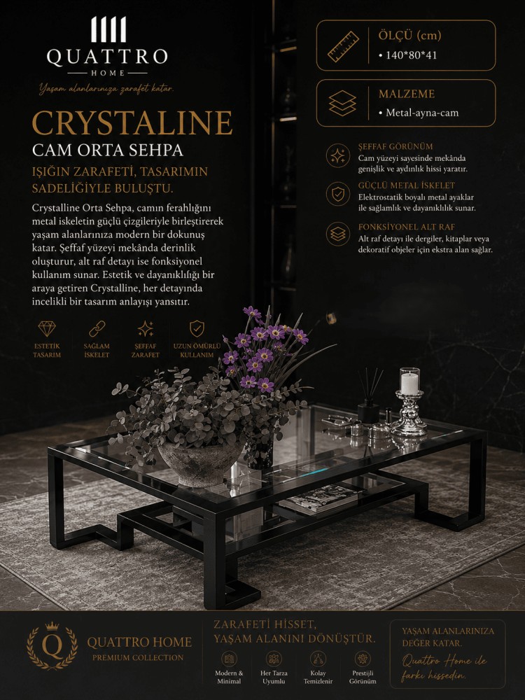 Quattro Home Crystalline Dikdörtgen Cam Orta Sehpa Siyah Metal Ayaklı Alt Raflı 140x80x41 cm