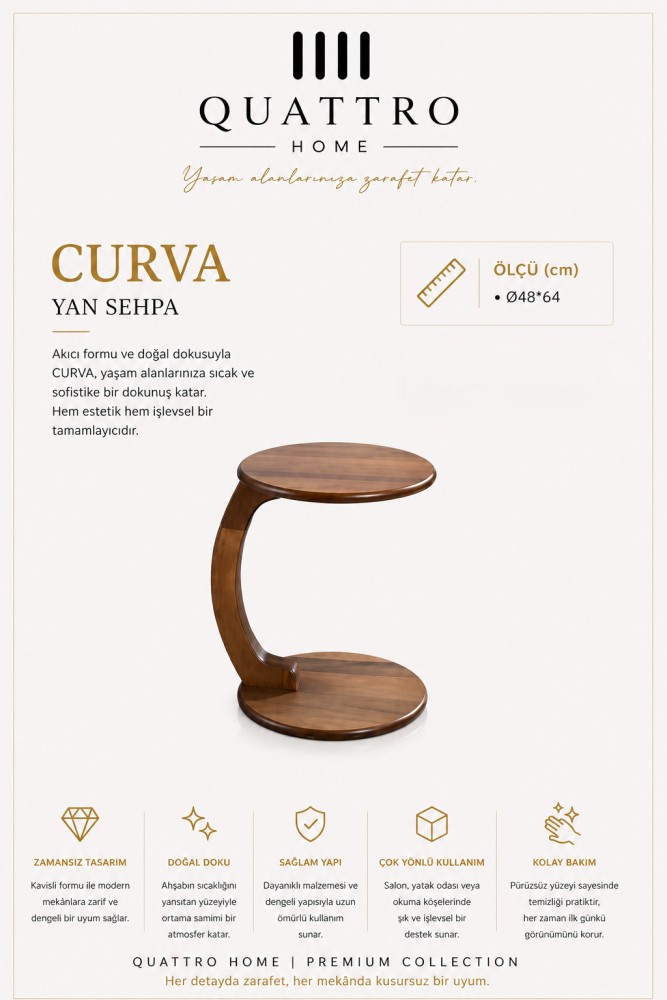 Quattro Home Curva C Form Ahşap Yan Sehpa Kavisli Tasarım 48x64 cm