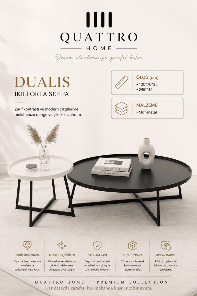 Quattro Home Dualis Oval İkili Orta Sehpa Siyah Beyaz MDF Metal 120x70x35 50x45 cm