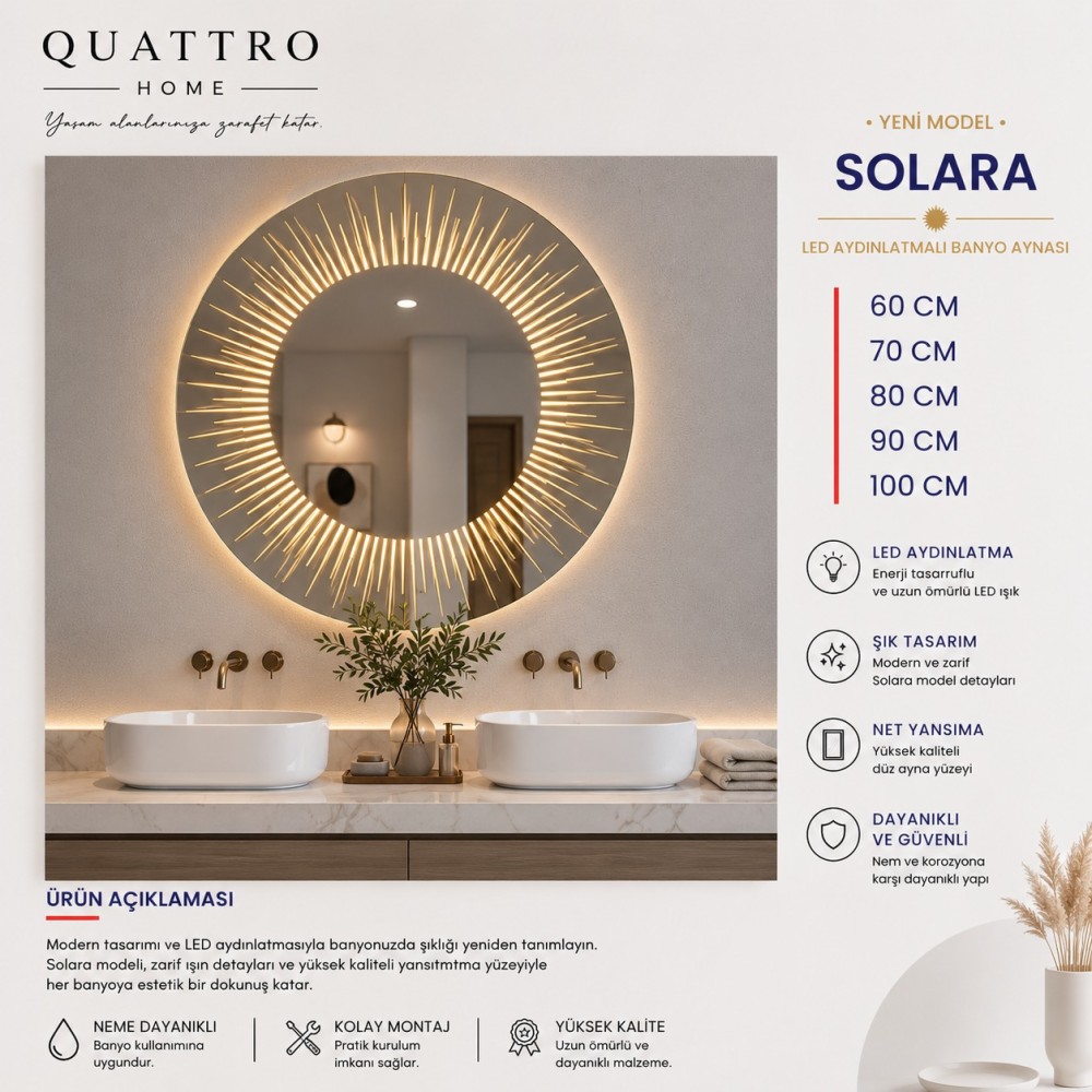 Solara LED Aydınlatmalı Banyo Aynası | Işın Detaylı Yuvarlak Ayna
