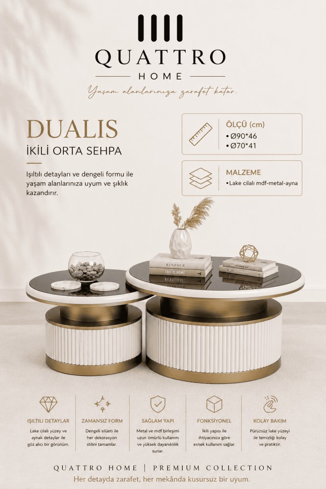 Quattro Home Dualis Yuvarlak İkili Orta Sehpa Beyaz Gold Lake Cilalı MDF Metal Aynalı Yüzey 90x46 70x41 cm